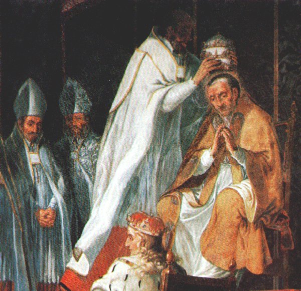 Gemälde aus Frankreich: Cölestin V. wird zum Papst gekrönt, 16. Jahrhundert