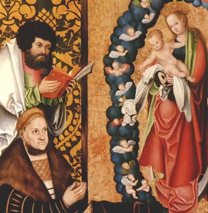 Lukas Cranach der Ältere: Friedrich der Weise verehrt die Gottesmutter Maria, um 1516, in der Staatlichen Kunsthalle in Karlsruhe