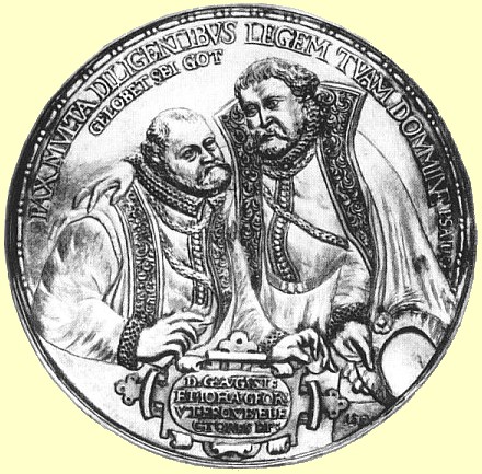 Tobias Wolff: Silbermedaille mit Kurfürst August von Sachsen und Kurfürst Johann Georg von Brandenburg, 1581, herausgegeben anlässlich der Einführung der Konkordienformel