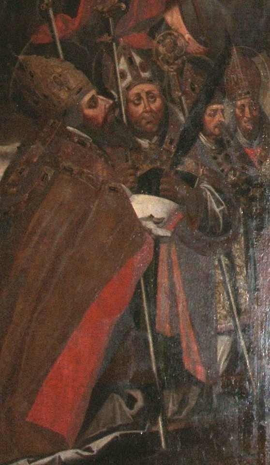 Gemälde 'Selige und Heilige des Wallis' (Ausschnitt) mit (von links) Florentin, Mauritius, Theodor von Sitten und Amatus von Sitten, in der Theodulskirche in Sion/Sitten