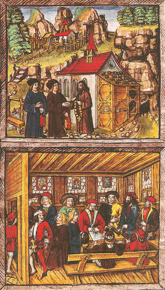 Diebold Schilling: der Pfarrer holt bei Nikolaus in dessen Einsiedelei Rat (oben), woraufhin die Tagsatzung in Stans sich schnell einigt (unten), in der „Luzerner Chronik” von 1507/13