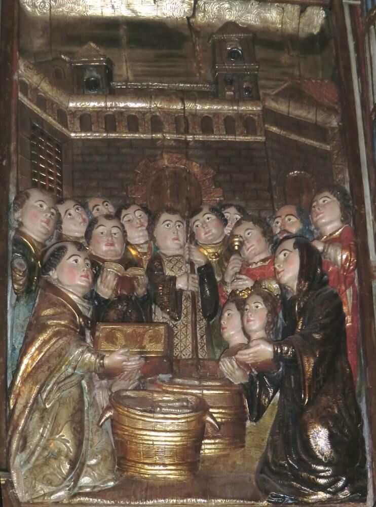 Llàtzer Tremullas: Auch im Kloster in Arles setzt sich dieses Wunder fort, 1647, Detail aus dem Altar in der Abdo und Sennis geweihten Kapelle in der Kirche in Arles-sur-Tech