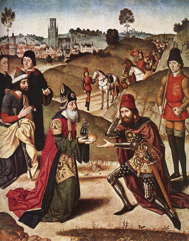Dieric Bouts der Ältere: Melchisedek (links) und Abraham, 1464 - 67, in der Sint-Pieterskerk in Leuven/Löwen