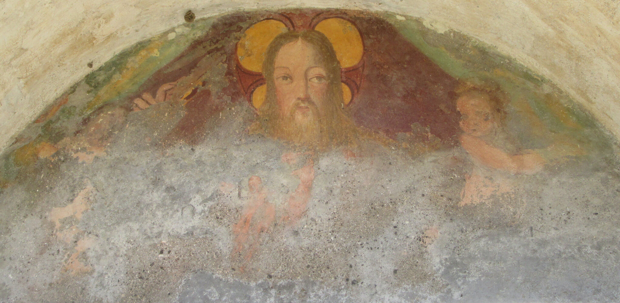 Fresko: Jesus Christus mit Abundius und Abundantius, an der Kirche Santi Abbondio e Abbondanzio bei Rignano Flaminio