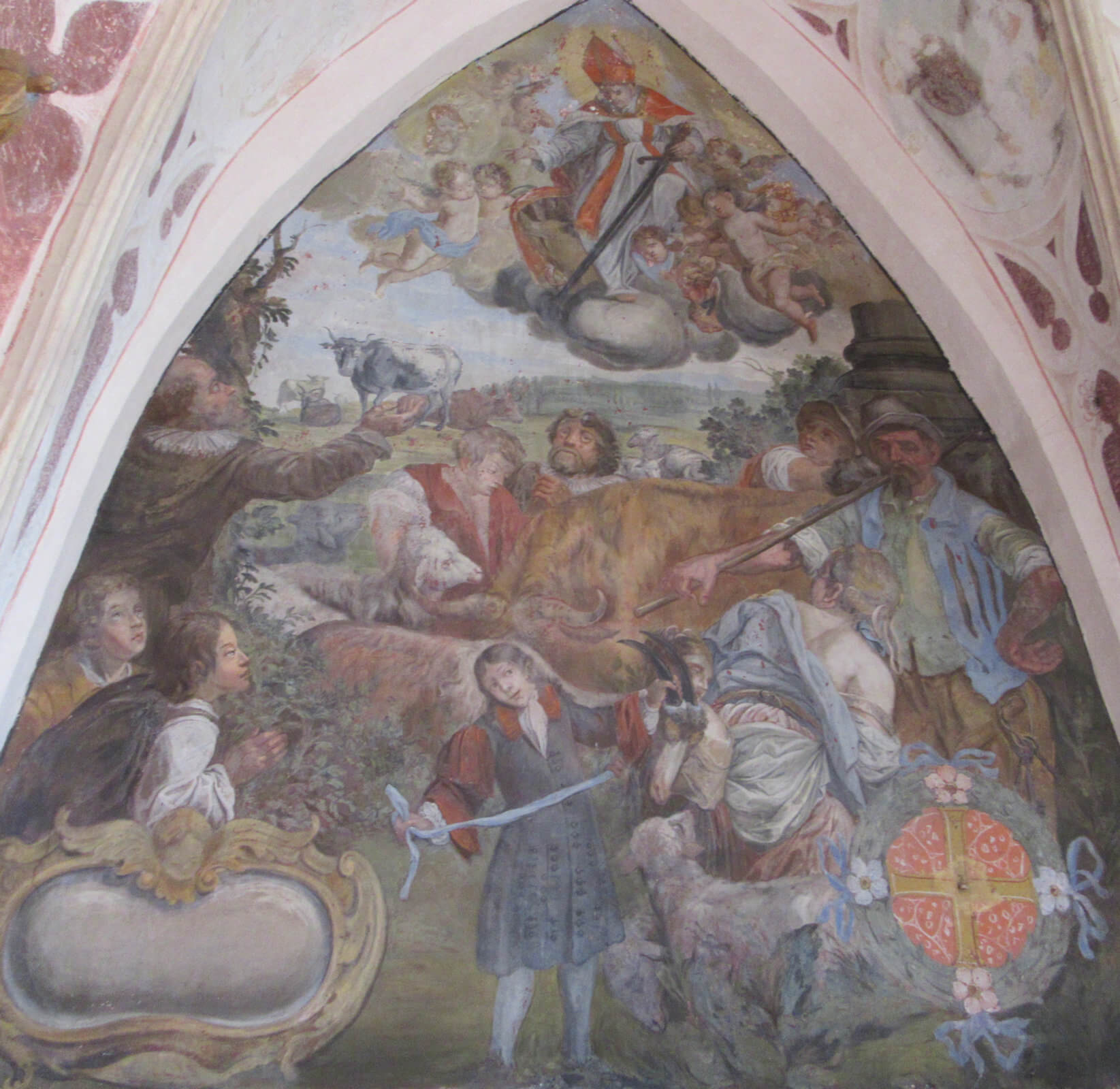 Fresko: Adalar als Patron des Viehs, in der Filialkirche St. Adolari nahe St. Ulrich am Pillersee in Tirol