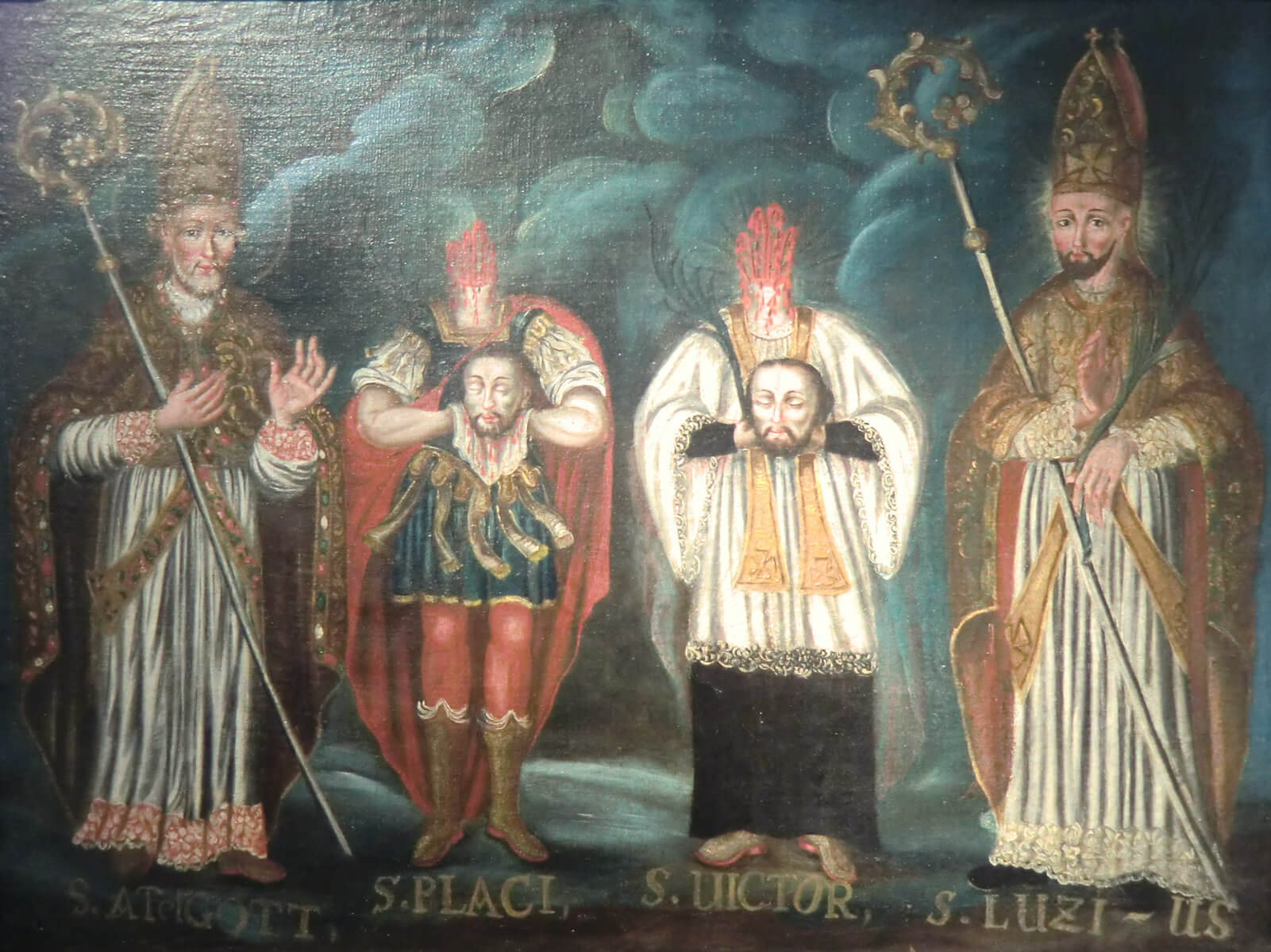 Adalgott, Placidus, Victor von Tomils und Lucius von Chur, um 1630, im Museum des Klosters Disentis