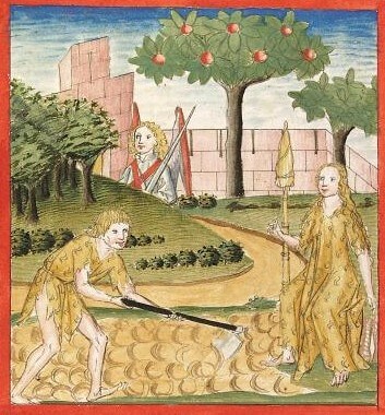 Werkstatt des Ludwig Henfflin: Adam und Eva müssen arbeiten, Buchmalerei, 1477, in der Universitätsbibliothek in Heidelberg