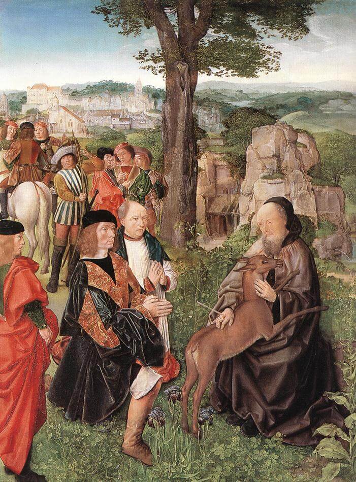 Meister von Saint Gilles: Ägidius und die Hirschkuh mit König Wamba, um 1500, in der National Gallery in London