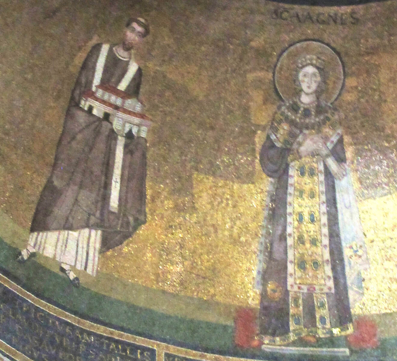 Apsismosaik: Agnes und Papst Honorius I., um 630, in der Kirche Sant'Agnese fuori le mura in Rom