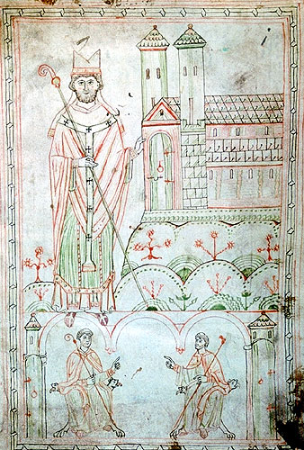 Miniatur: Bischof Altmann mit seiner Gründung Göttweig, aus der Expositio Symboli des Origines, 12. Jahrhundert, im Stift Göttweig
