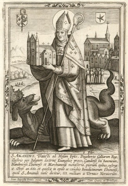 Kupferstich: Amandus als Sieger über den heidnischen Drachen und als Klostergründer