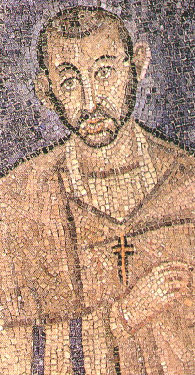 Mosaik in der Kirche Sant'Ambrogio in Mailand, um 470. Diese älteste Darstellung von Ambrosius ist wohl das älteste erhaltene Portrait eines Heiligen überhaupt