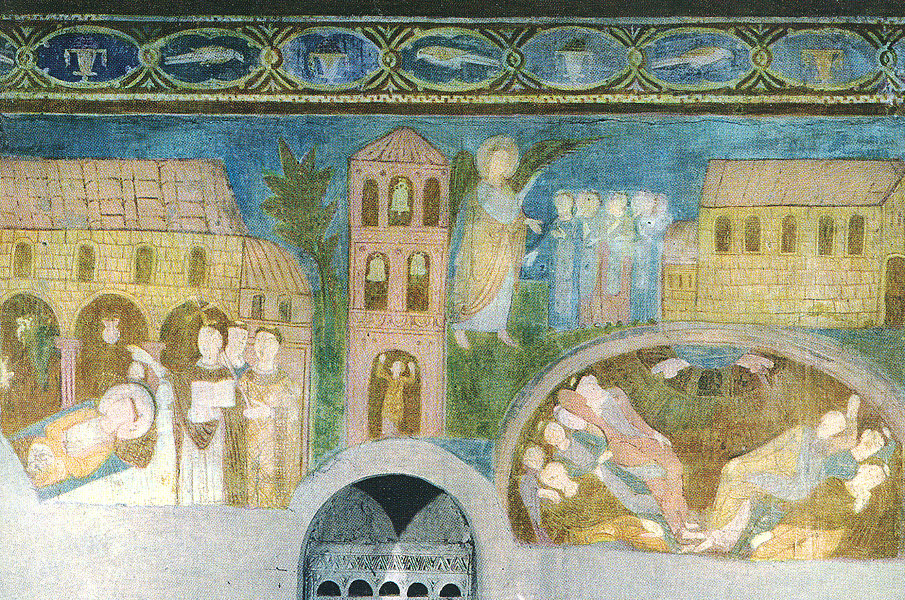Anastasius' Tod: Die Mönche werden vom Himmel gerufen (rechts), der tote Anastasius wird gesegnet (links), Fresko in der Kirche Sant'Elia in Castel Sant'Elia