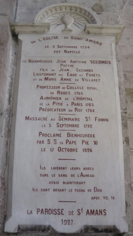 Gedenktafel für Johannes-Anton Seconds in der Kathedrale in Rodez