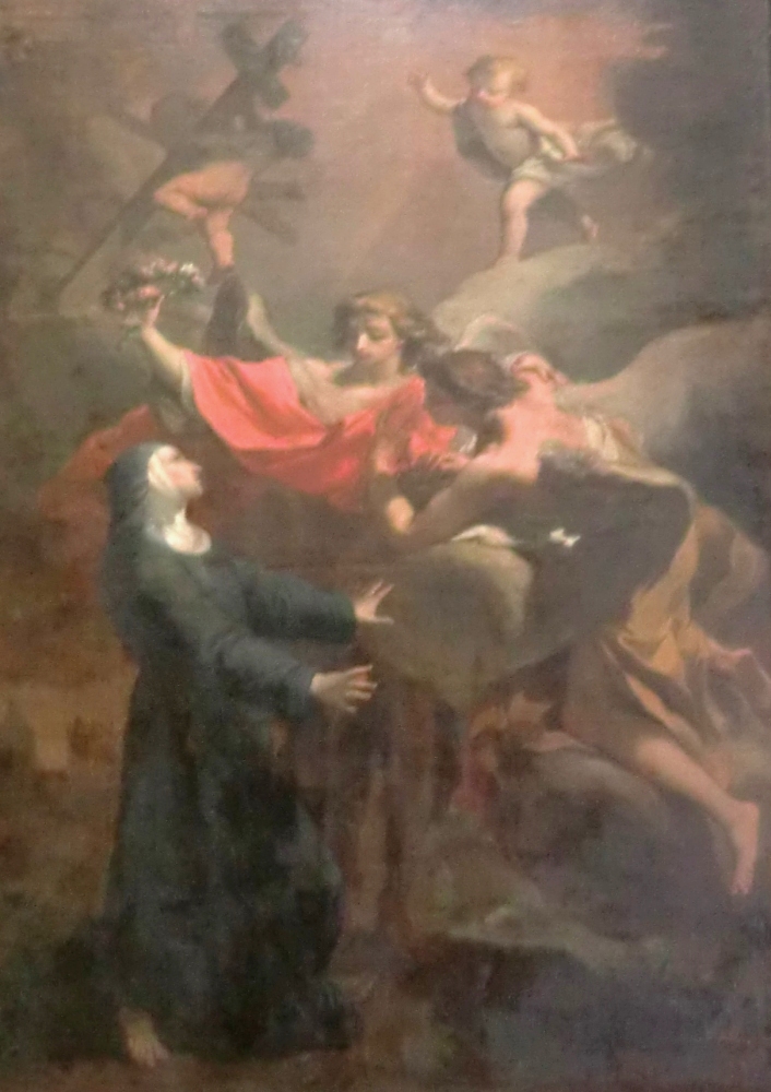 Gaetano Gandolfi: Die Vision der Angela vom Jesuskind: zwei Engel reichen ihr eine Rosen- und eine Dornenkrone, ein kleiner die Passionswerkzeuge; um 1790, Altarbild in der Chiesa S. Francesco in Foligno