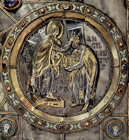 Vuolvinio: Angilibert zeigt Ambrosius den Altar. Detail der Frontseite des Ambrosius-Altars, um 850, im Dom S. Ambrogio in Mailand