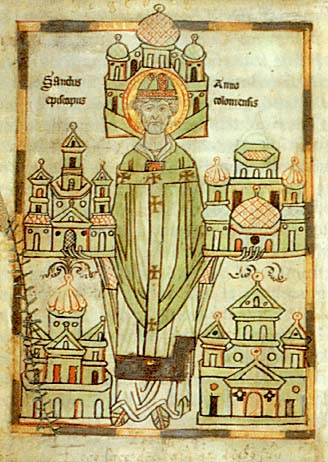 Anno mit Modellen der von ihm gegründeten Klöster. Abbildung aus der Darmstädter Anno-Vita, um 1180 im Kloster Siegburg