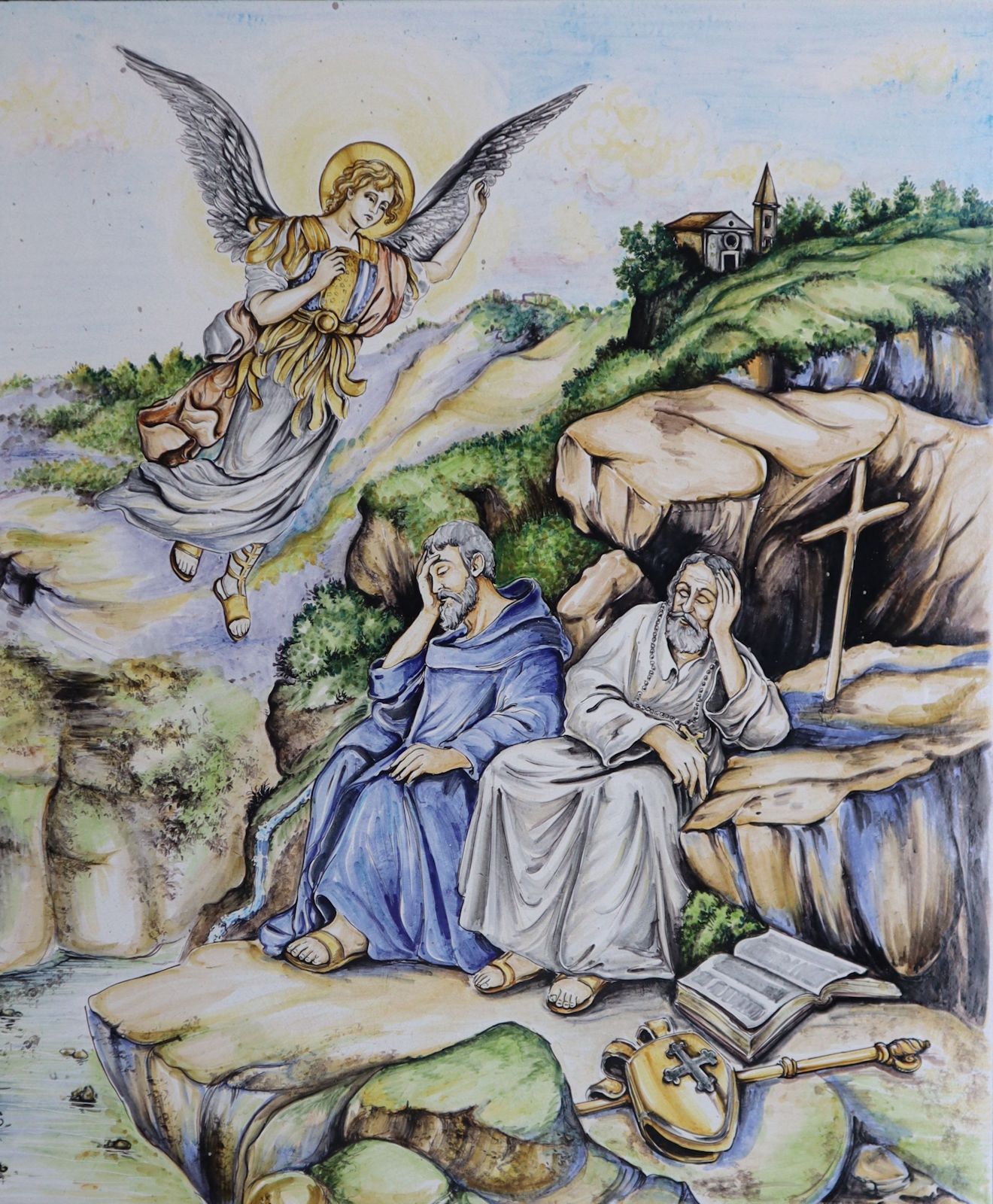 Azulejo: Der Erzengel Michael erscheint und Antoninus Catelli (links) und Catellus von Stabia an ihrer Höhle, am Sanktuarium San Michele Arcangelo al Monte Faito
