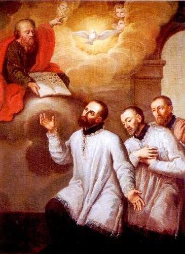 Bild im Konvent der Barnabiten in Mailand: Paulus überreicht Antonius und seinen beiden Gefährten Giacomo Antonio Morigia und Bartolomeo Ferrari die Ordensregel.