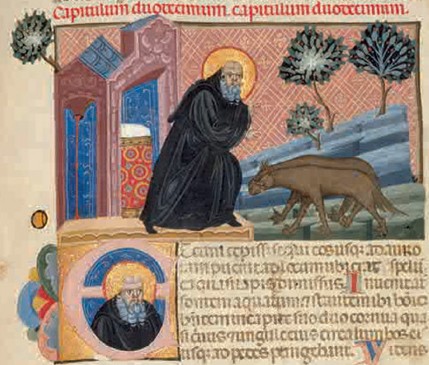Maestro del 1328: Buchmalerei: Antonius zähmt Wölfe, aus der „Vita Sancti Antonii Eremitae”, um 1320 in Bologna entstanden