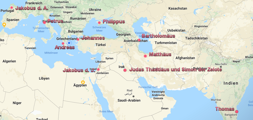Karte: Wie die Apostel den Legenden zufolge die ganze damalige Welt erreichten