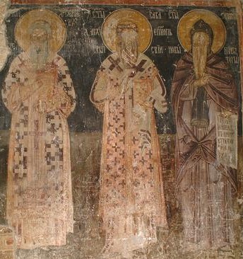 Wandmalerei im Kloster Gračanica im Kosovo: Arsenius, Sabas von Serbien und Stefan Nemany - im Kloster Simeon genannt - Prinz von Serbien, der Salböl Ausströmende