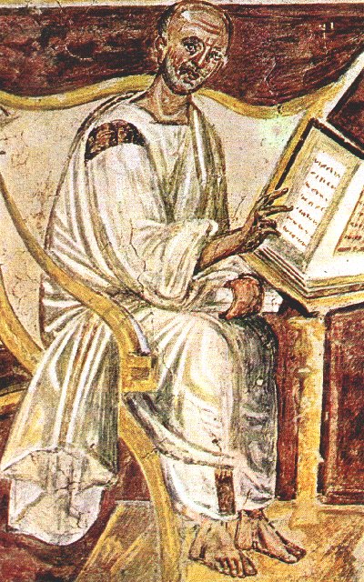 Älteste Darstellung des Augustinus, Mosaik, 6. Jahrhundert, an der Kapelle „Sancta Santorum” im Sanktuarium Scala Santa in Rom, dem ehemaligen Lateranspalast und Sitz des Papstes