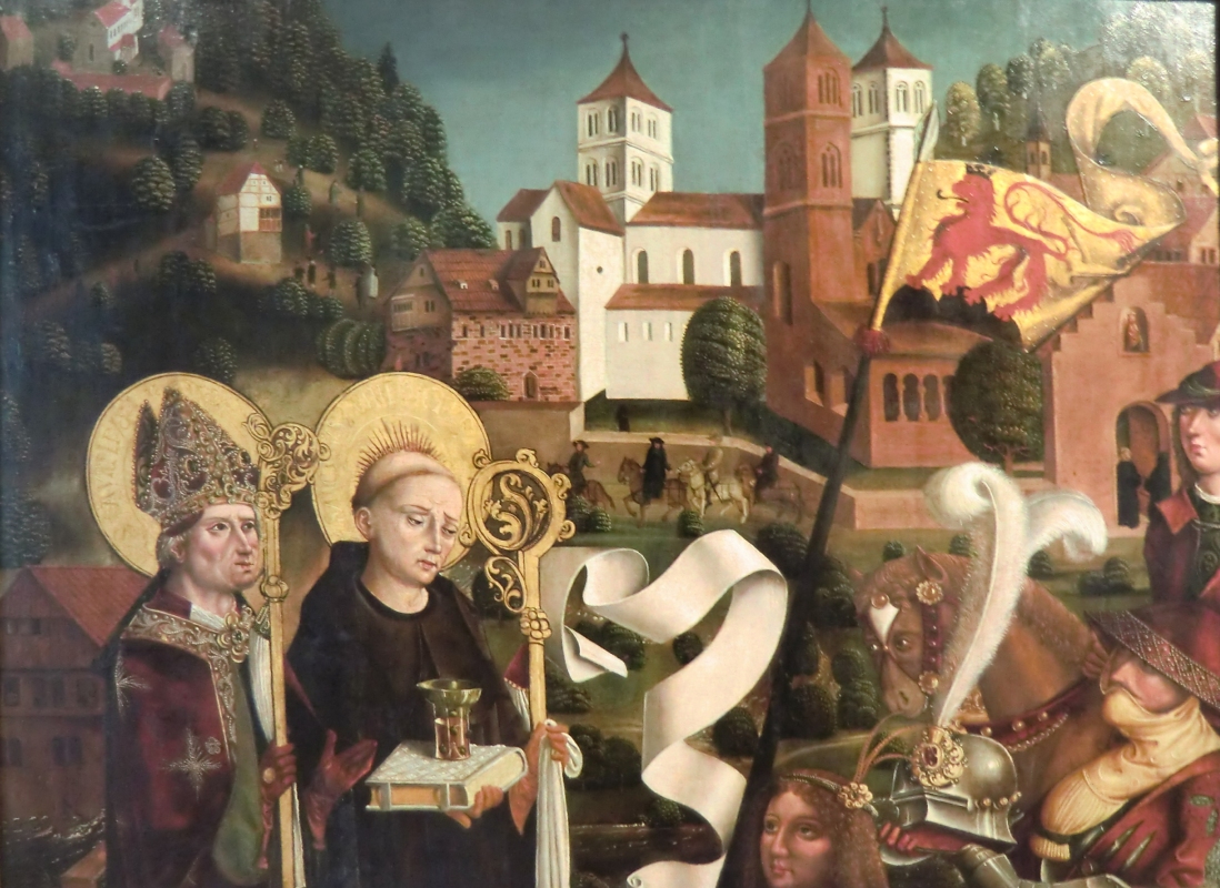 Aurelius (ganz links) mit Benedikt von Nursia und Stiftern der Erneuerung des Aureliusklosters von 1075 (rechts) vor den damaligen Klostergebäuden, um 1475, im Klostermuseum in Hirsau