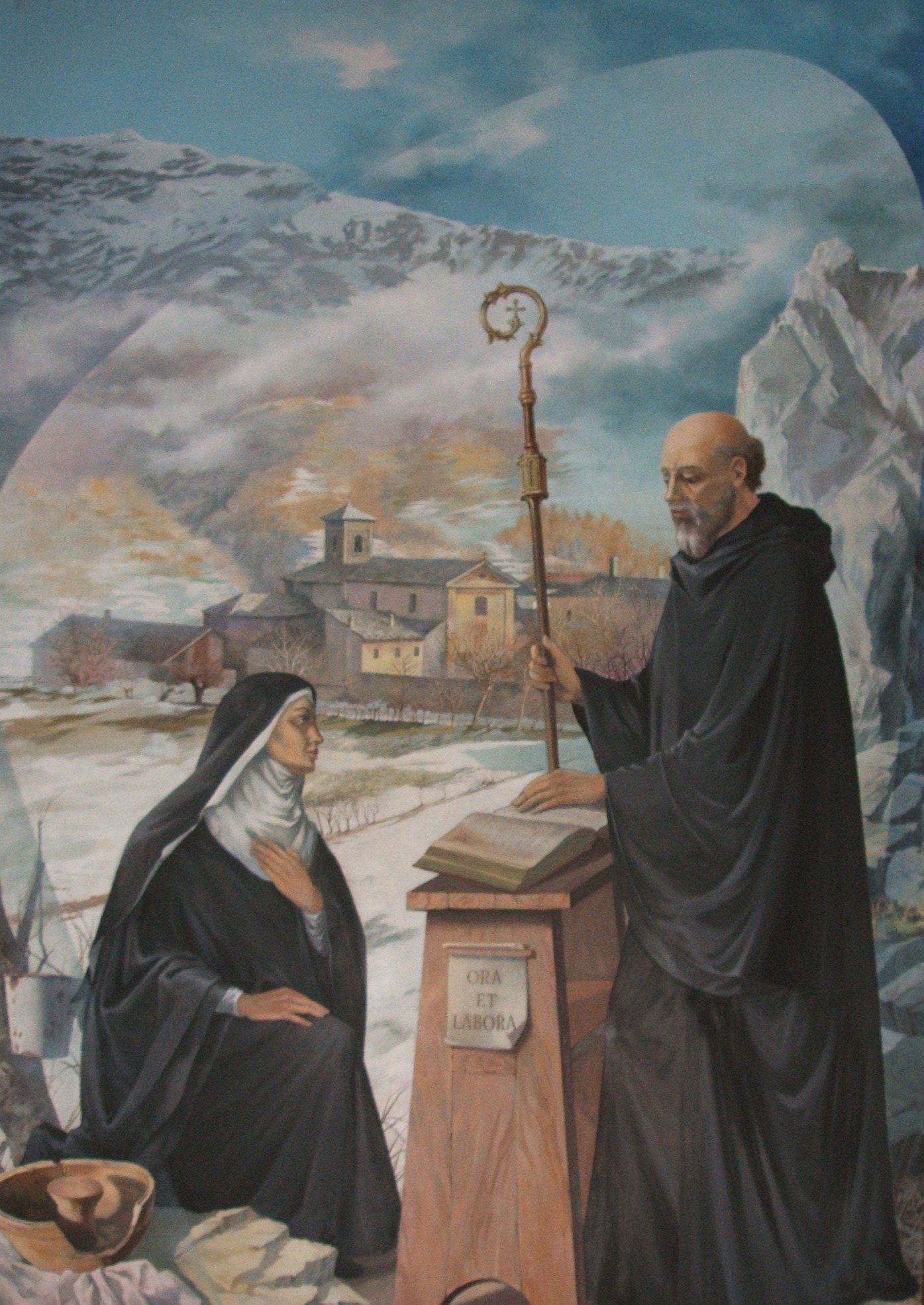 Bild im Kloster Novalesa: Benedikt und Scholastika vor dem Kloster Novalesa