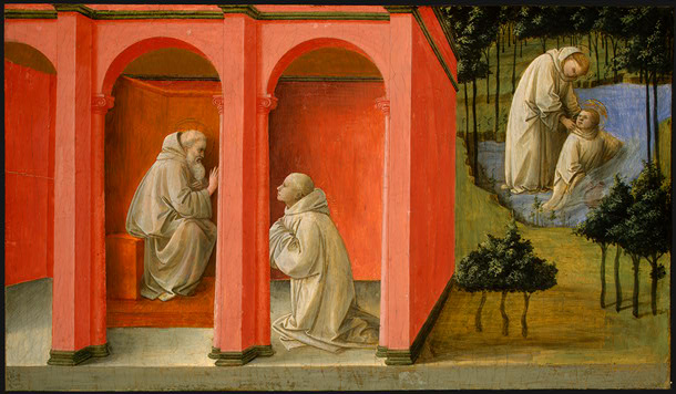 Fra Filippo Lippi: Benedikt mit Maurus - Maurus rettet Placidus, um 1444, Samuel H. Kress Collection in der National Gallery of Art in Washington