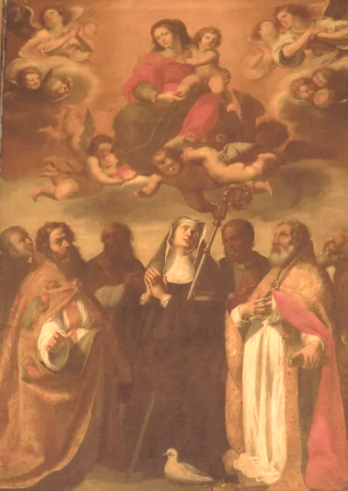 Vincenzo Manenti (1600 - 1674): Maria mit dem Jesuskind, Scholastika, == Eutizius (links) und == Spes (rechts) und weiteren Heiligen, in der Basilika di San Benedotto
