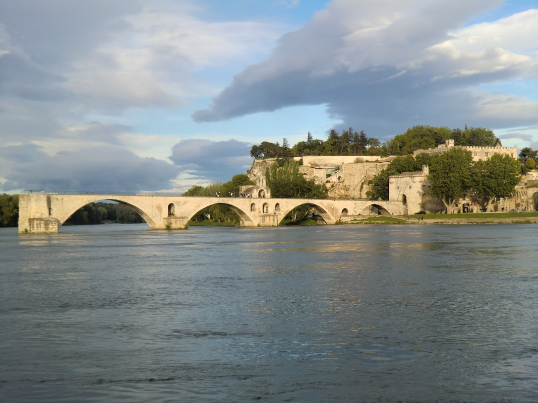 Der Pont St-Bénézet mit dem Domfelsen von der Rhôneinsel aus
