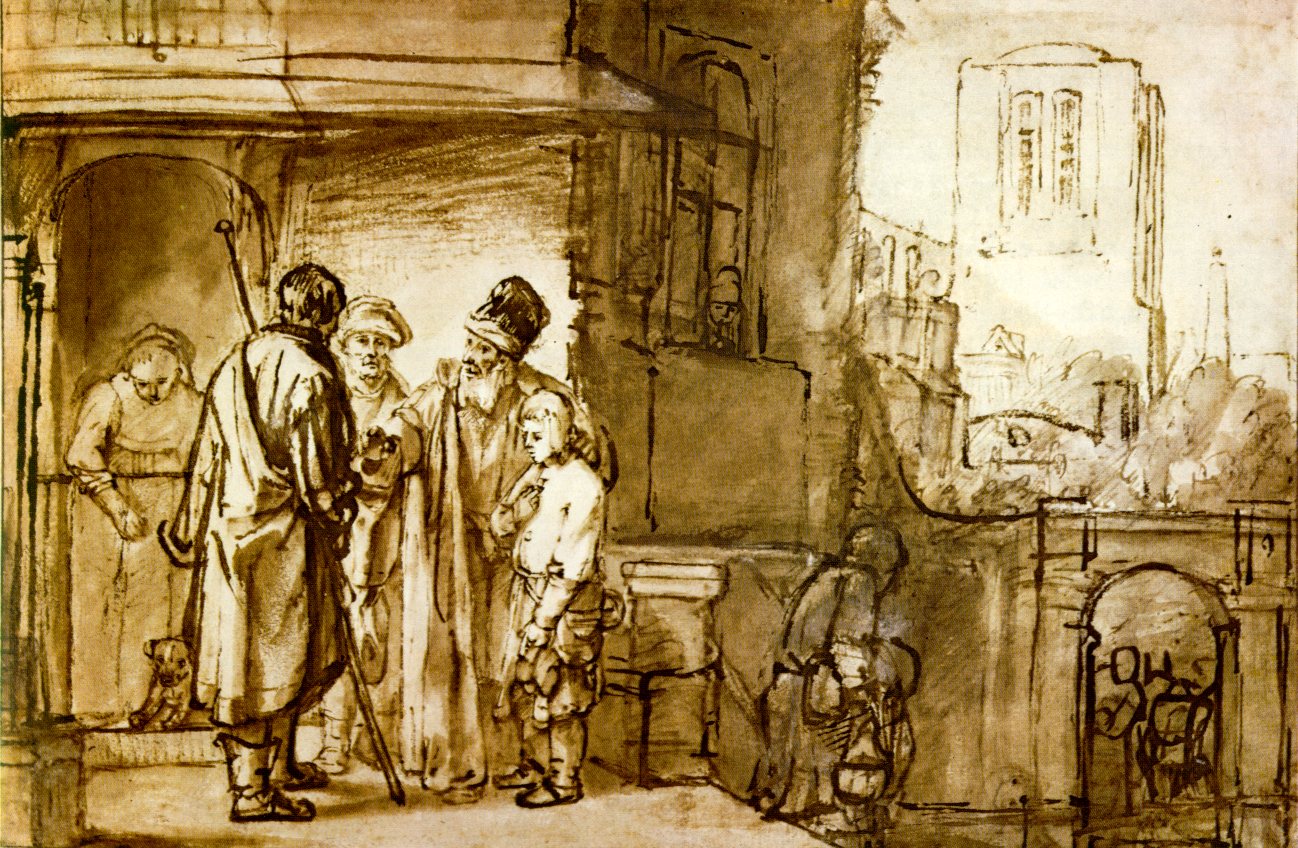 Rembrandt: Jakob lässt Benjamin nach Ägypten ziehen, Feder- und Pinselzeichnung, um 1650, im Teylers Museum in Haarlem in den Niederlanden