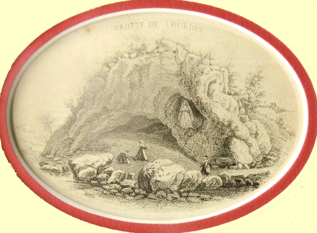 Foto im Museum: die erste Gravur über die Marienerscheinungen an der Grotte vom 26. Oktober 1858