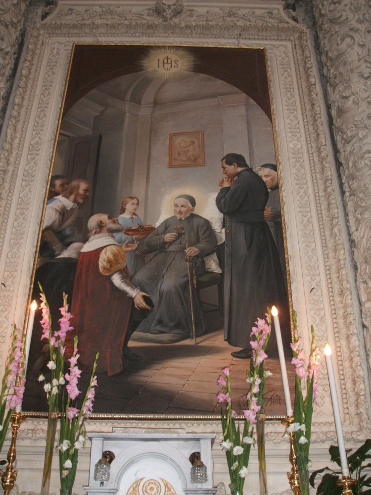 N. di Giovanni: die Schlüsselfiguren und der Adel bitten den sterbenden Bernhardin um Fürbitte im Himmel für die Stadt, in der Jesuitenkirche in Lecce