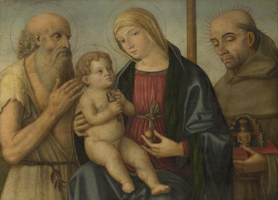 Filippo Mazzola: Bernhardin mit Hieronymus (links) sowie Maria und dem Jesuskind, nach 1494, in der National Gallery in London