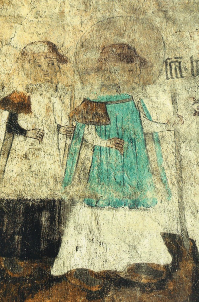 Johannes Rosenrod: Birgitta und Katharina auf Wallfahrt, Fresko, 1437, in der Kirche in Tensta in Upland in Schweden