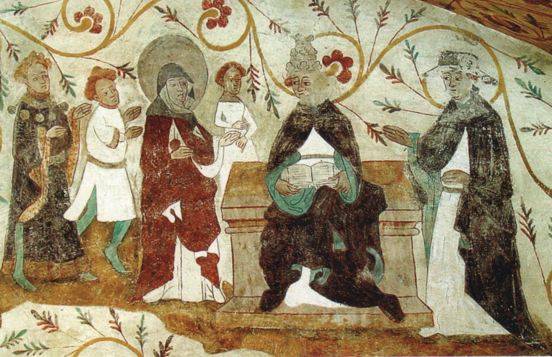 Johannes Rosenrod: Birgitta mit Katharina und den Söhnen Birger und Karl vor Papst Urban V. und einem Kardinal, Fresko, 1437, in der Kirche in Tensta in Upland in Schweden