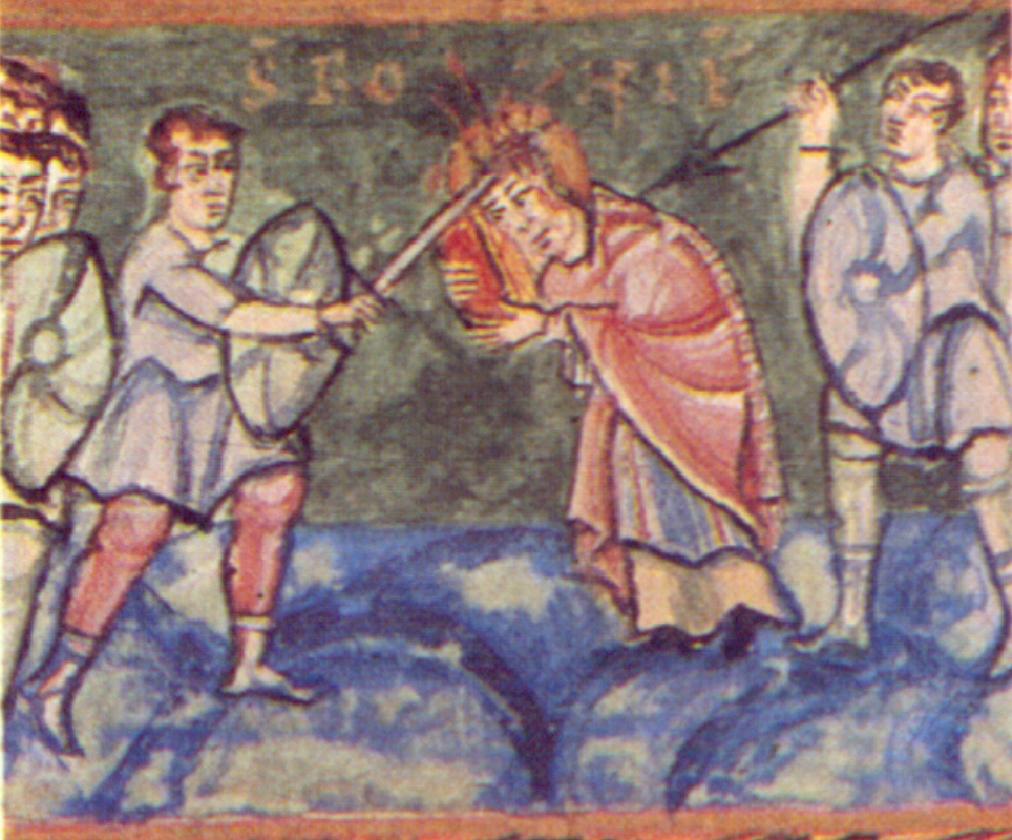 Miniatur: Die wohl früheste Darstellung des Bonifatius, 10. Jahrhundert, im 'Fuldaer Sacramentarium', heute in Udine in Italien