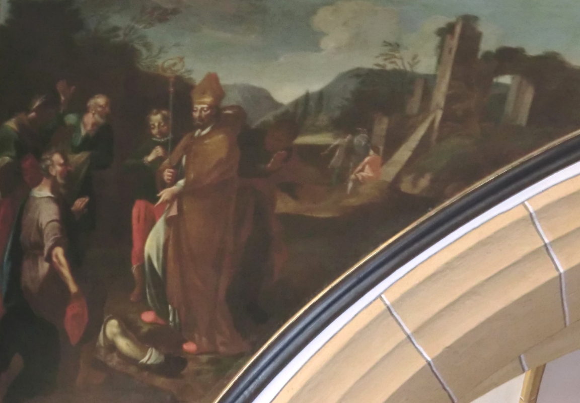 Wandmalerei: der Bischof betrachtet Brictius' aus der Erde hervorragendes Bein, in der Pfarrkirche in Heiligenblut