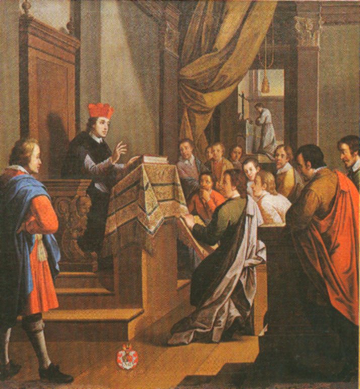 Bruno als Lehrer an der Domschule in Reims und im Hintergrund des Gemäldes als Betender