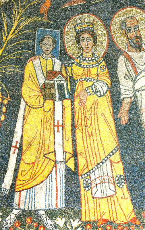 Apsismosaik: Cäcilia mit Papst Paschalis I. (links) und Paulus (rechts), 9. Jahrhundert, in der Basilika S. Cecilia in Trastevere