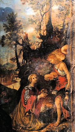 Ein Engel bringt Carissima in ihrer Einsiedelei Brote, in der Stiftskirche Saint-Salvy in Albi