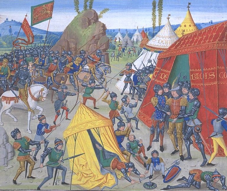 Chroniques de Jean Froissart: Karl wird in der Schlacht von la Roche-Derrien 1347 gefangen genommen, in der Bibliothèque Nationale de France in Paris