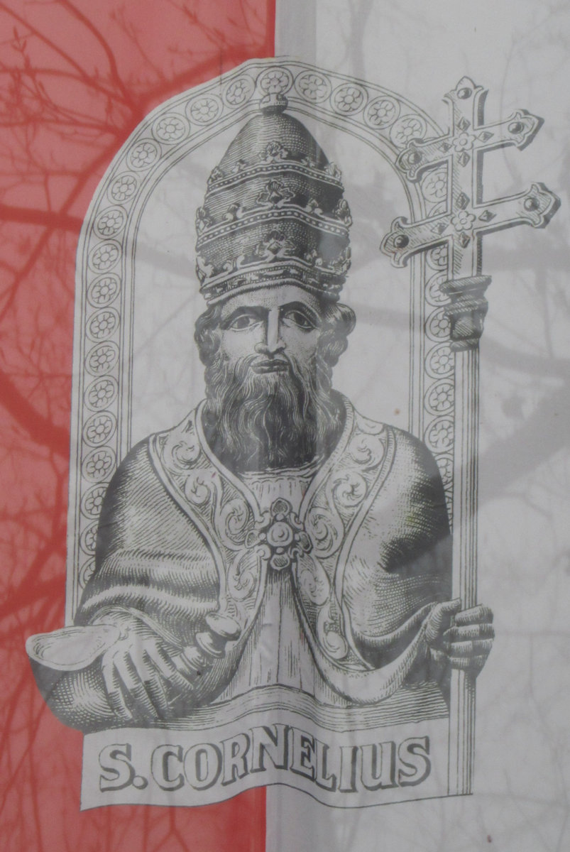 Darstellung auf einem Banner an der Corneliuskapelle in Selikum bei Neuss