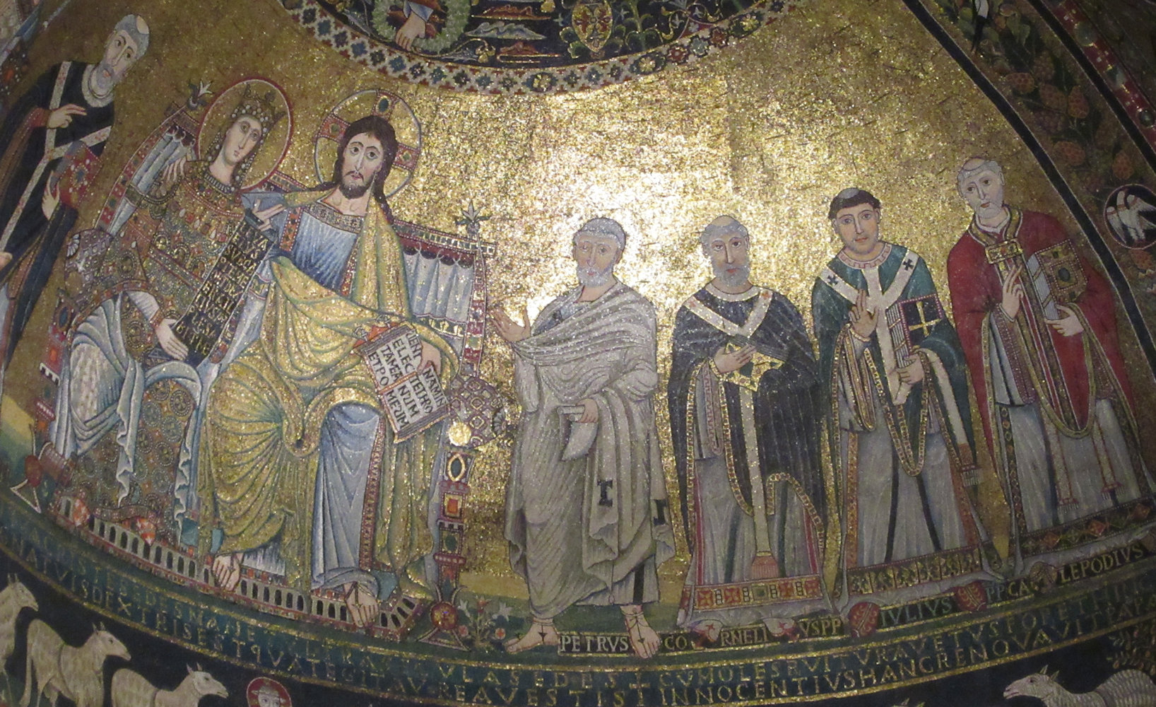 Apsismosaik: Cornelius (3. von rechts) mit Julius I. (2. von rechts), Leo I. (ganz rechts), Petrus (4. von rechts), Jesus Christus, Maria und Callistus I.  (ganz links), um 1140, in der Kirche Santa Maria in Trastevere