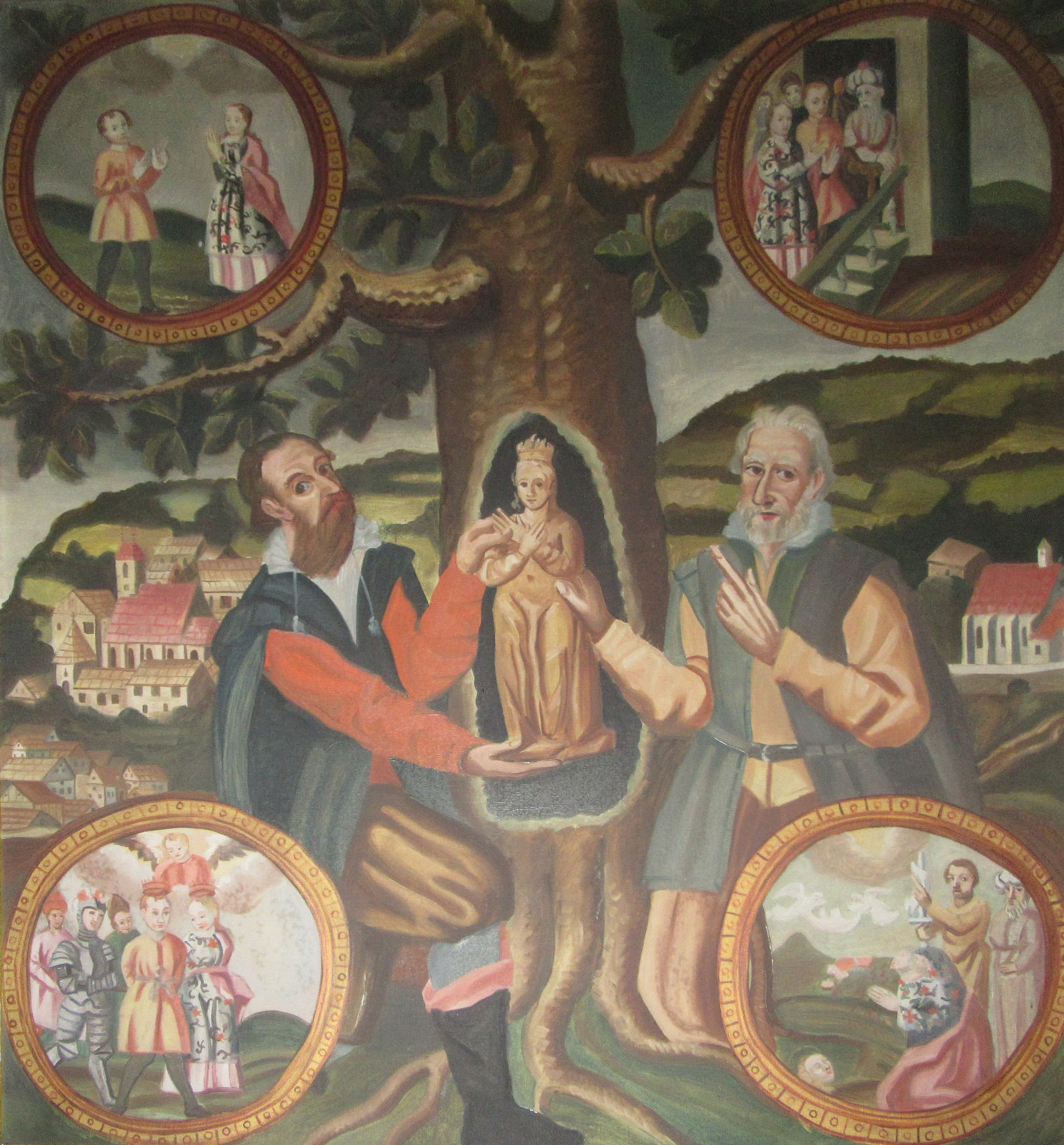 Votivbild: Die Auffindung der Corona-Statue in der Linde und Medaillons mit Szenen aus Corona Leben, 1650, in der Pfarrkirche in St. Corona am Wechsel