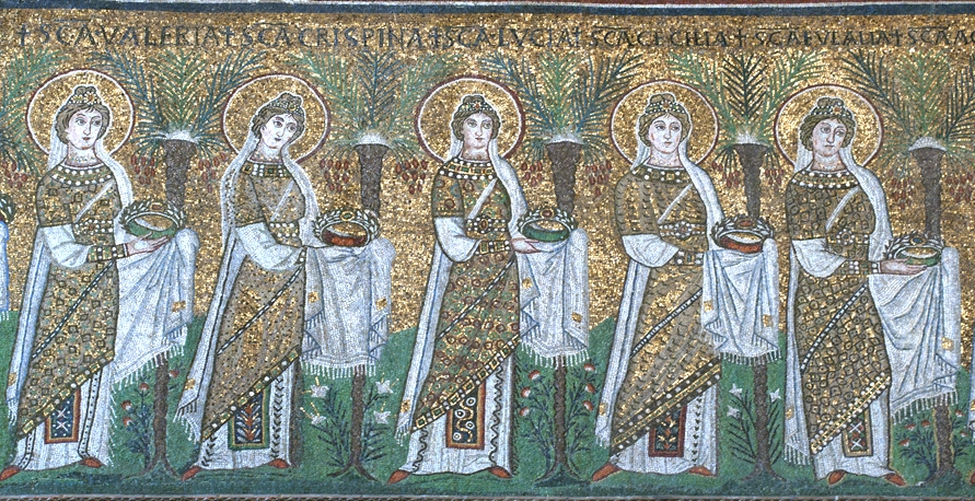Ausschnitt aus der Prozession der 22 Jungfrauen: Valeria, Crispina, Lucia, Cäcilia und Eulalia (von links), Mosaik, Anfang des 6. Jahrhunderts, in der Kirche Sant'Apollinare Nuovo in Ravenna