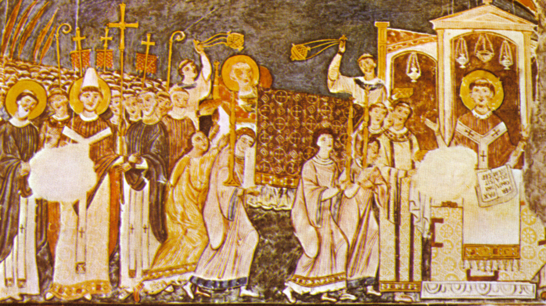 Konstantin und Methodius bringen die Gebeine von Clemens I. nach Rom, Fresko, 11. Jahrhundert, in der Kirche San Clemente in Rom