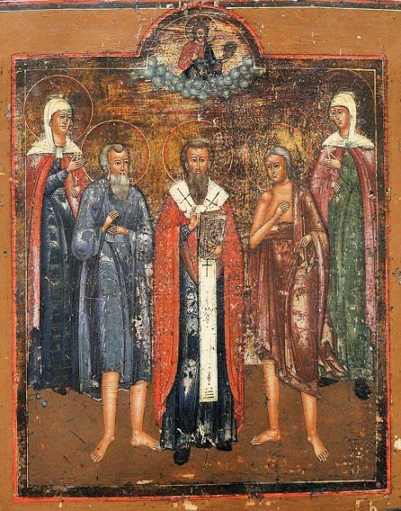Russische Ikone: Daria (links), Conon der Gärtner, Basilius der Große, Maria von Ägypten und Synkletike, darüber der segnende Christus, 19. Jahrhundert